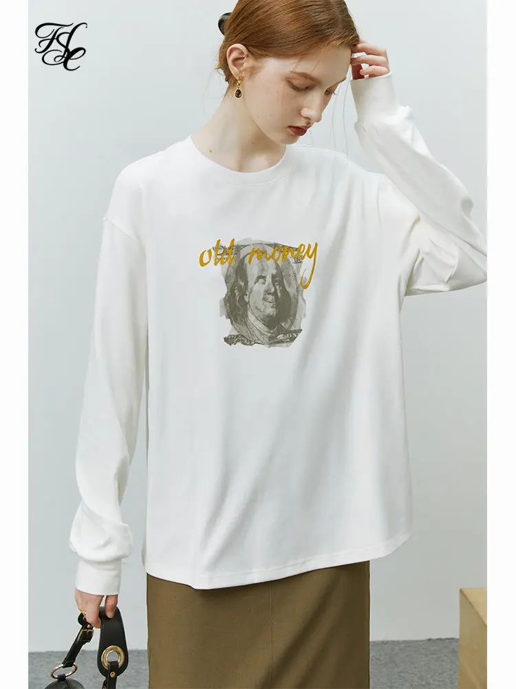 

FSLE 93.2% Cotton Women Commuting All-Match Straight Retro Printed T-shirt 2022 Winter White Long Sleeve Inner Tops