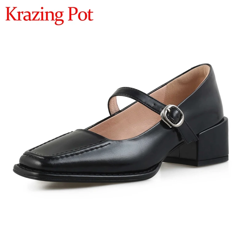 

Krazing pot cow split leather square toe med heel shoes women England style retro fashion comfortable handmade brand pumps L28