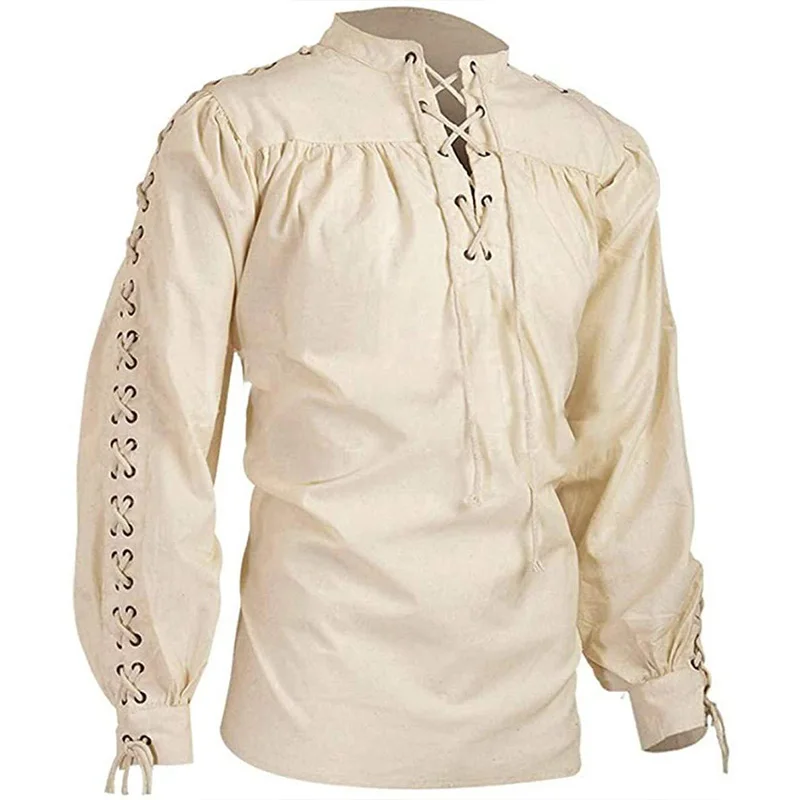 Fashion Men's Bandage Long Sleeve Medieval Renaissance Shirt Gothic Men's Warrior Shirt Solid Color Camisas Para Hombre