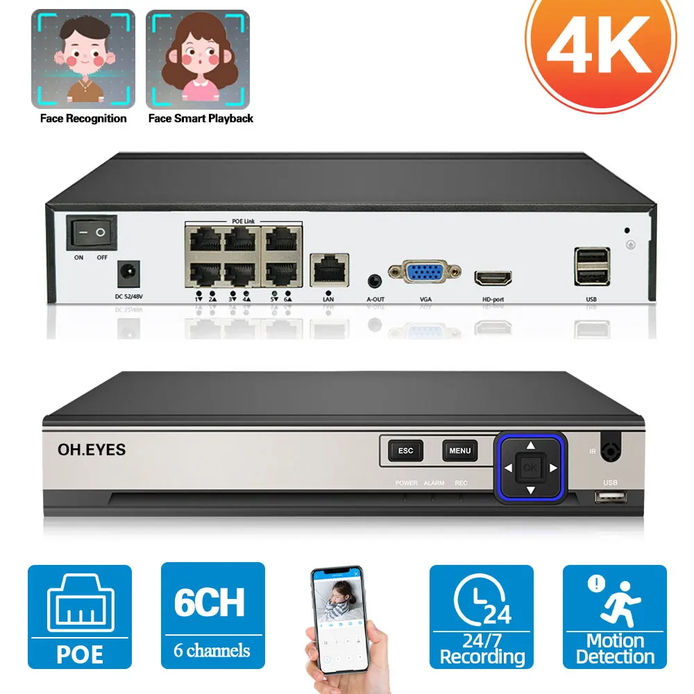 

H.265 4CH 6CH 4K Ultra HD POE NVR Security System XMEYE Face Detection CCTV Network Video Recorder for 8MP 5MP 4MP POE IP Camera