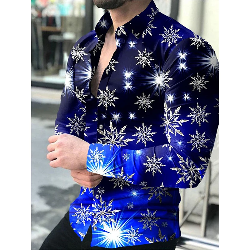 

2023 Fashion Social Men Shirts Turn-down Collar Buttoned Shirt Casual Ice Crystals Print Long Sleeve Tops Mens Clothes
