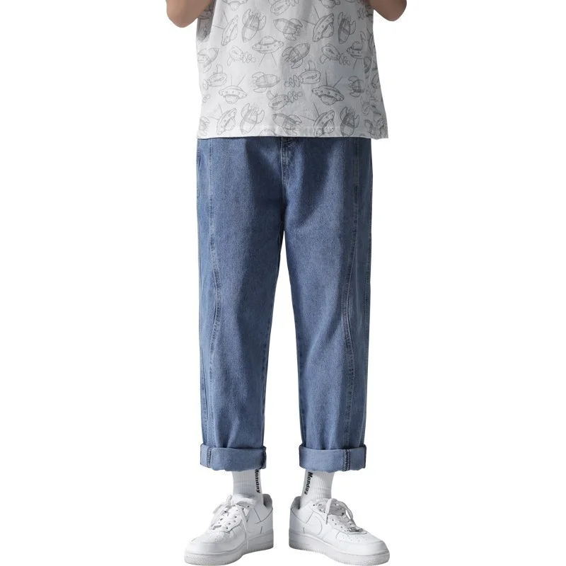 Summer Blue/Black Jeans Men Fashion Retro Casual Straight Jeans Men Streetwear Hip Hop Loose Denim Pants Mens Trousers S-2XL