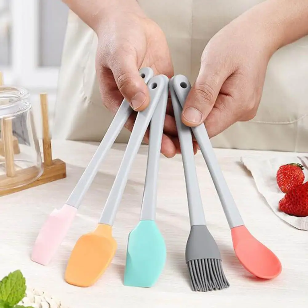

5 шт./компл. силиконовые мини-кухонные принадлежности, нескользящая ручка, цветная термостойкая шпатель, щетка, фотоинструмент с крючком