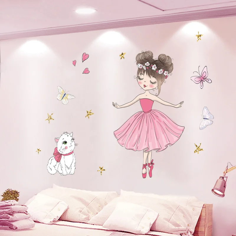 Cute Ballet Dancer Wall Sticker for Kids Rooms Girls Room Bedroom Decoration Nursery Cartoon Wallpaper Butterflies Self-adhesive