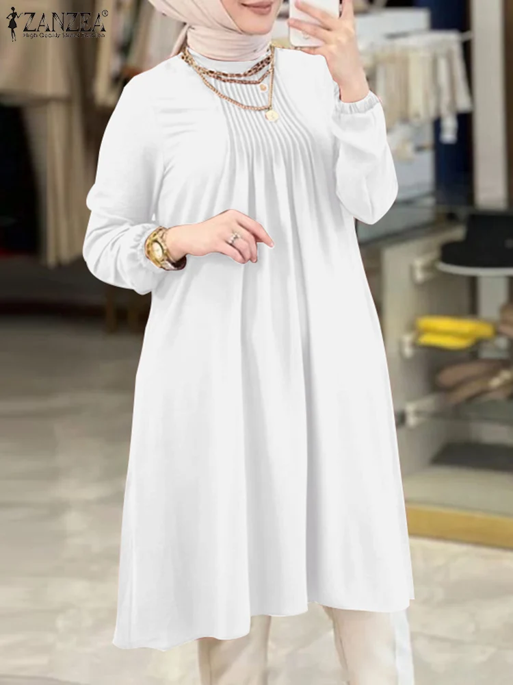 

2023 ZANZEA Fashion Women Muslim Blouse Spring Elegant Long Sleeve Islamic Clothing Female Blusas Pleated Ramadan Turkey Shirt