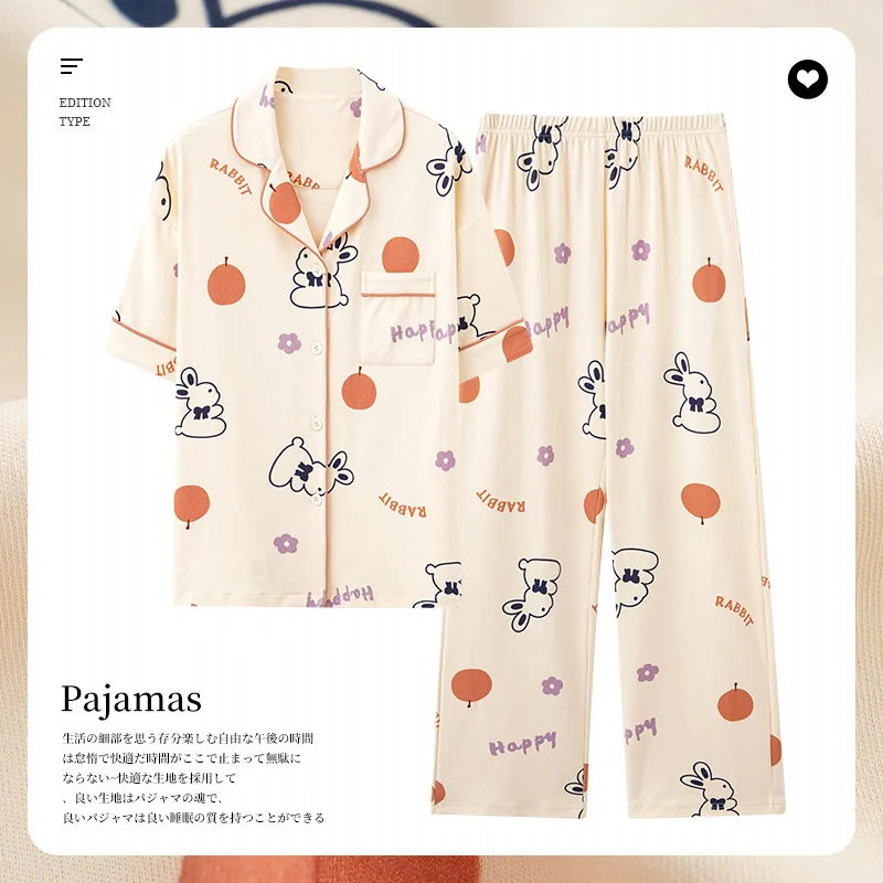 2023 New Summer Pure Cotton Women Pajama Sets Short Sleeve Long Pants All Cotton Lapel Loungewear Sleepwear Thin Two-piece Set