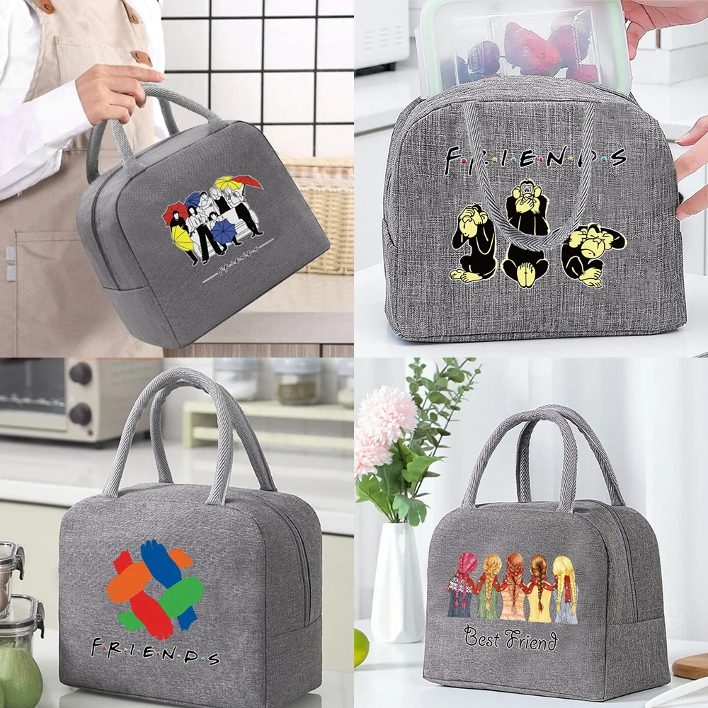 

Lunch Bag for Women Kids Portable Insulated Cooler Bag Thermal Food Picnic Lunch Box Ice Pack Tote Pouch Grey Friends Pattern