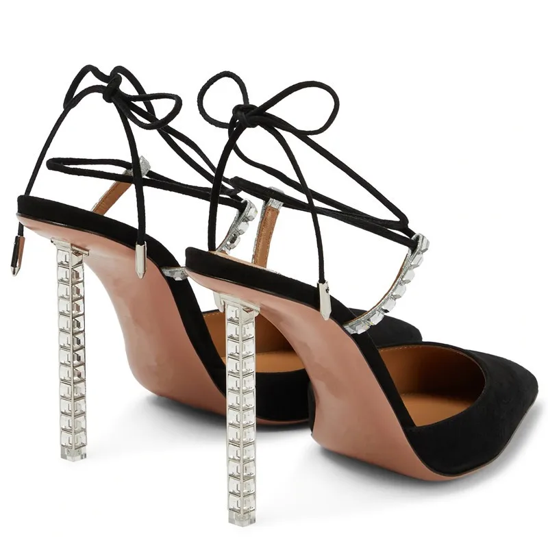 2023 European and American ladies new pointed high heels metal crystal heels sexy banquet suspender shoes