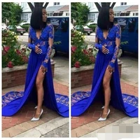 2022 arrival exquisite lace applique deep sexy party prom dresses elegant lace said split royal blue evening dress free shipping