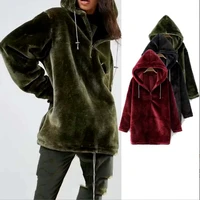 autumn and winter womens new hoodie fleece drawstring mid length warm pullover sweater thickened faux fur sweatshirt clothes