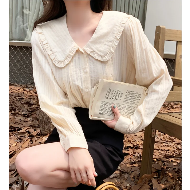 

Женская рубашка Весна абрикосовая рубашка с кукольным воротником корейская мода винтажная для отдыха Новинка 2023 Женская шикарная Повседневная Блузка с длинным рукавом Топы