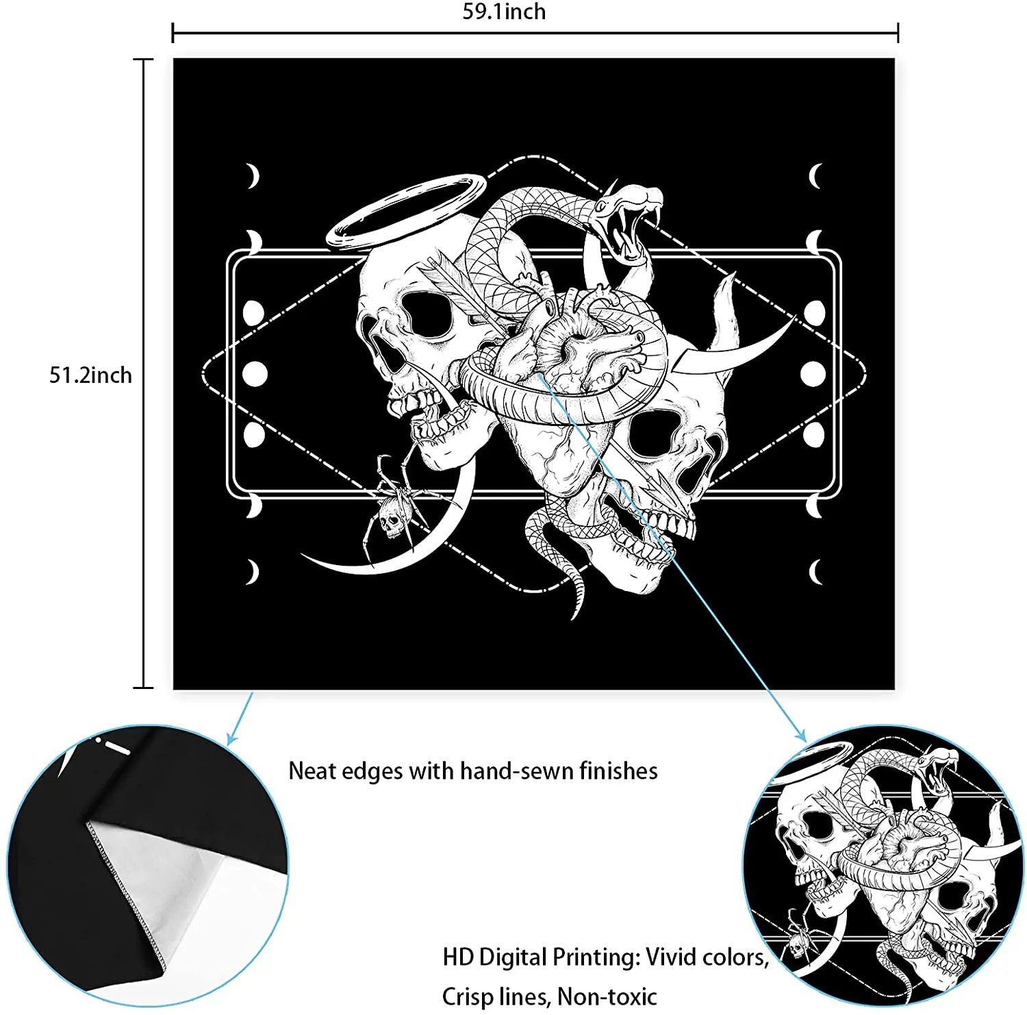 Skull Tapestry Skeleton Tapestry Gothic Tapestry Human Heart Tapestry Snake Moon Phase Tapestry Black and White Tapestry images - 6