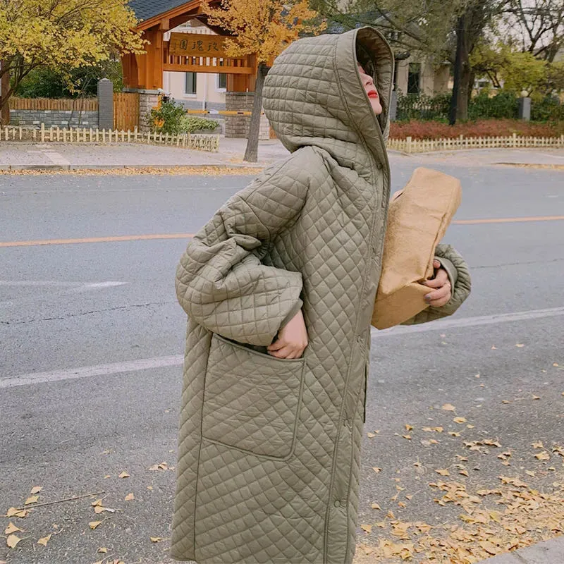 Winter Women's Oversized Down Jacket South Korea Fashion Casual Hooded Extended Coat Loose Light Diamond Heavy Cotton Jacket New