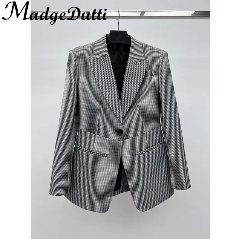 

3.16 MadgeDutti Fashion Elegant Houndstooth Plaid Single Button Back Pleated Collect Waist Blazer Women