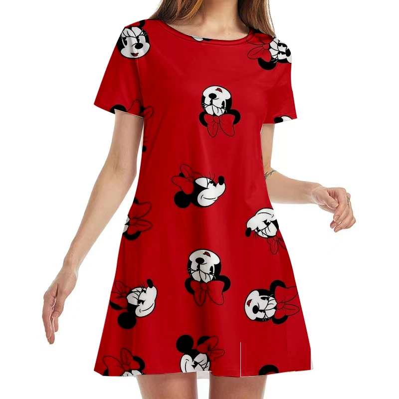 

New Summer Streetwear Disney Stitch and Mickey and Minnie Cartoon Pleated Loose Print Short Sleeve Knee Length Casual Dress 2022