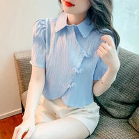 blue short sleeves shirts stylish women slim fit summer office wear elegant lady ol texture cropped tops blouse femmes 852g