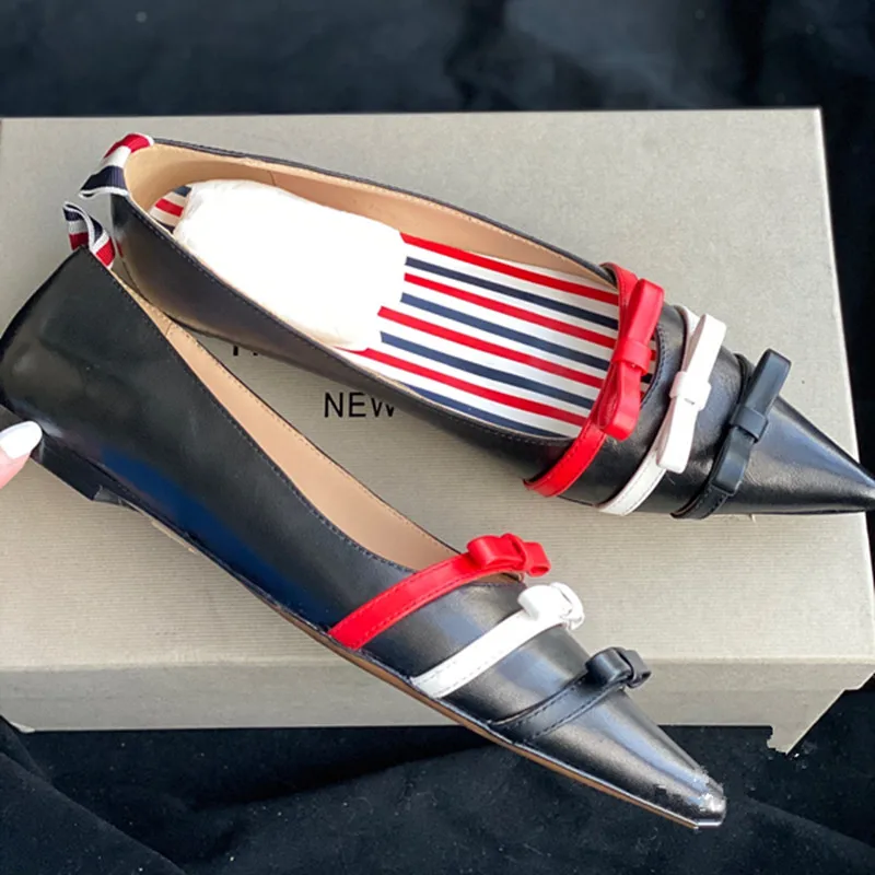 Women's Lucky Shoes 2023 Spring and Autumn New Bow Color-blocking Pointed Fashion Street Lazy Flat Shallow Single Shoes