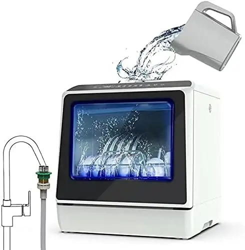 

Countertop Dishwasher, 5 Washing Programs, Built-in 3-Cups Water Tank, 3D Cyclone Spray, Fruit & Vegetable Cleaning with Bas