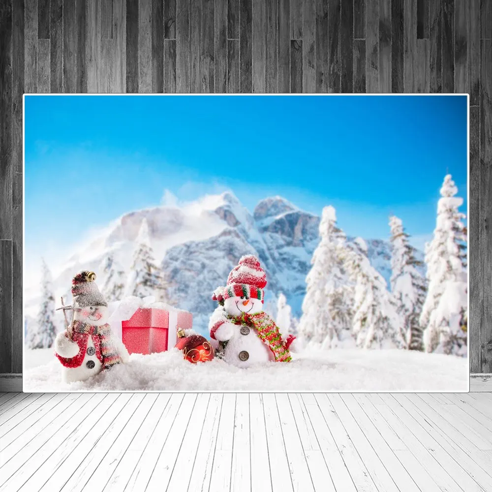 

Winter Christmas Snowman Gifts Forest Mountain Photography Backdrops Custom New Year Party Decoration Photographic Backgrounds