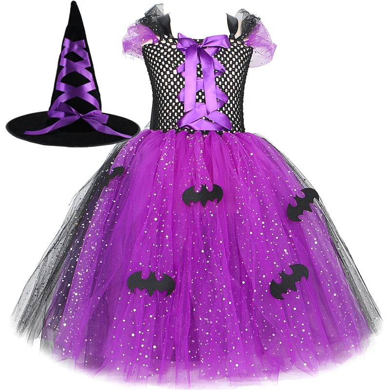 

Sparkly Witch Costumes for Baby Girls Purple Black Bat Long Tutu Dress for Kids Carnival Halloween Cosplay Outfit with Broom Hat