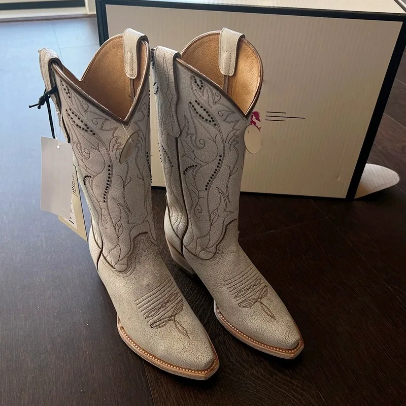 

White Western Cowboy Boots Chunky Heel Knee-High Botas Femininas Slip-On V-Neck Embroidered Retro Knight Botines Women Shoes