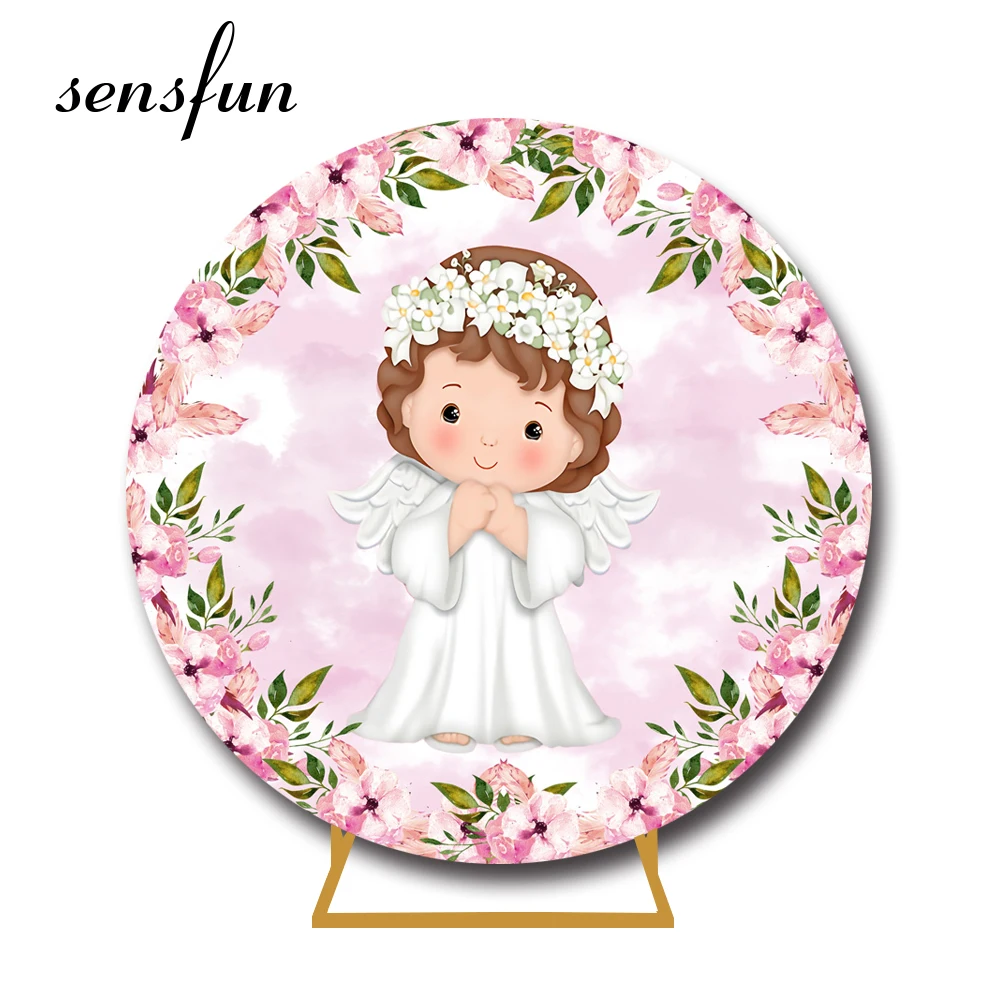

Sensfun Mi Primera Comunión Round Backdrop Cover Pink Flowers Angel Girls Baptism Circle Background Elastic Customized