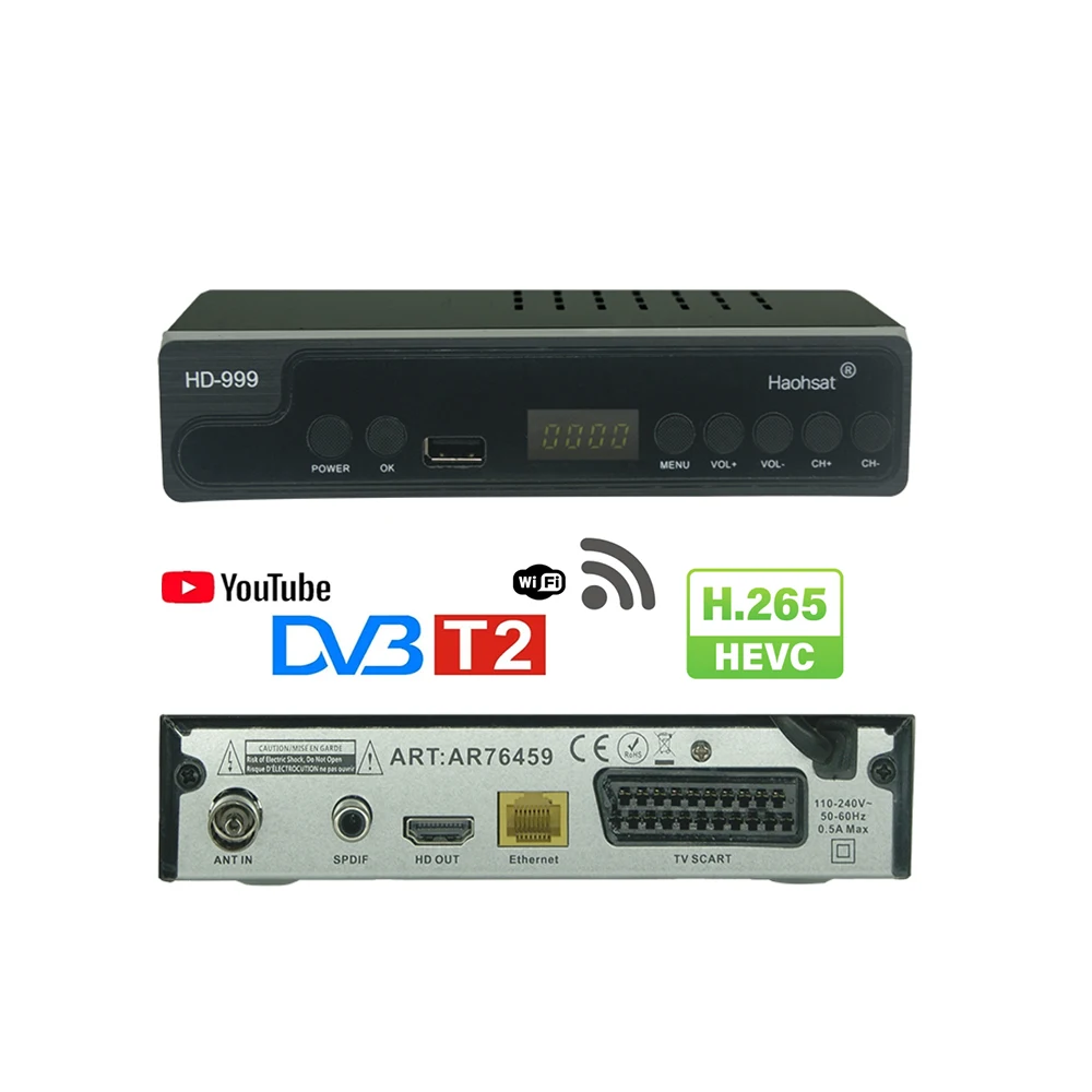 Haohsat DVB-T2HD-999 FTA HEVC 265 DVB T2 Digital TV Tuner H.265 Receptor Full HD DVBT2 Set-top Box Wifi Receiver DVB-T -> Haohsat DVB-T2HD-999 FTA HEVC 265 DVB T2 Цифровой тюнер для цифрового телевидения H.265 Приемник полного HD DVBT2 с Wi-Fi для прис