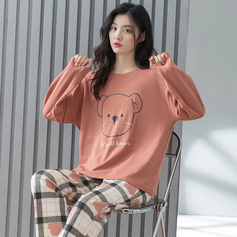 Cotton Pajama Set Women Long Sleeve Pants Pyjama Cute Korean Sleepwear Female Soft Loose Autumn Winter Pajamas Home Clothes Suit