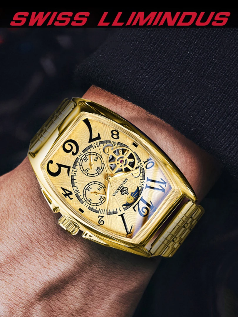 

Fully Automatic Watch for Men Luxury Mechanical Tonneau Wristwatch Male Black Gold Luminous Relogio Masculino reloj para hombre