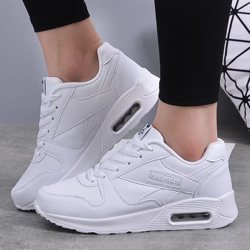 Women Fashion Sneakers Air Cushion Sports Shoes PU Leather Black Shoes Lace-up Outdoor Walking Jogging Shoes Female Trainers