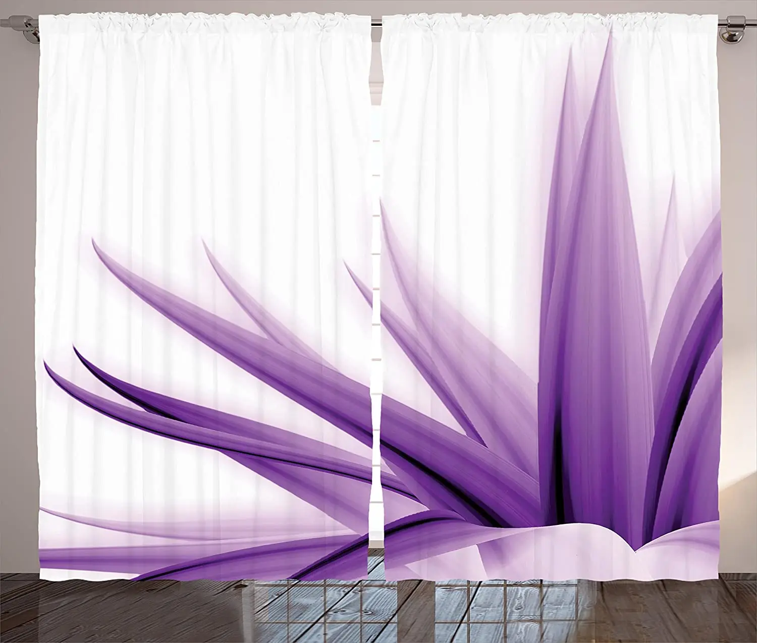 

Flower Blackout Curtains Purple Ombre Long Leaves Water Colored Print with Calming Details Image Window Curtain