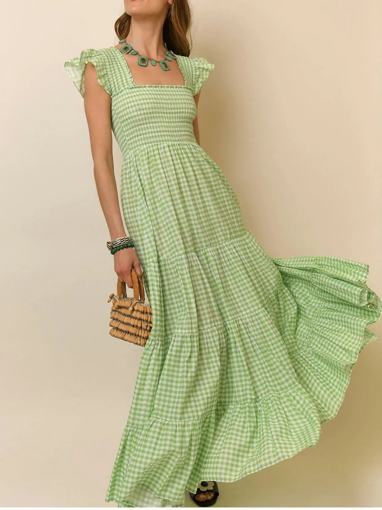 2023 Summer New Dress Ladies Retro Square Neck Flying Sleeves Green Plaid Cotton A-Line Long Dress