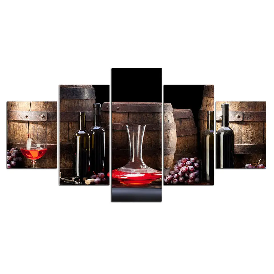 

Wine Glass Bottles and Barrel 5 Pcs Canvas Wall Art Painting Picture Home Decor 5 Panel HD Print Pictures Poster No Framed