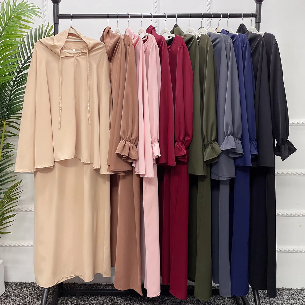 Middle East Dubai Türkiye Solid Elegant Muslim Dress Modest Two Piece Women Muslim Sets Ensemble Femme Musulmane