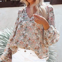 v neck loose fit breathable autumn top sweet lantern long sleeve floral print shirt female clothing