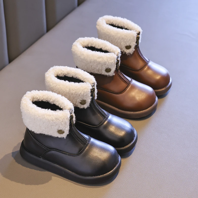

Girls Boots Platform Versatile Soft Plush Children Fashion Leather Boots Front Zipper Turned-over Edge Kids Casual Boys Boots