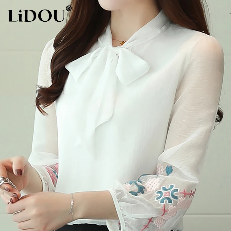 Summer New KPOP Fashion Style White Bow Lace Up Embroidery Fairy Chiffon Blouses Office Lady Elegant Commute Tops Shirts Blusa
