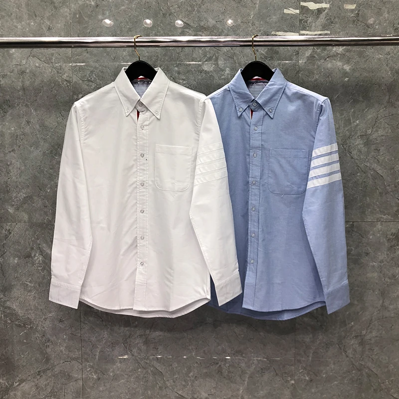 TB THOM Men Shirt Cotton Grey Striped Casual Blouse Long Sleeve White 4-Bar Luxury  Brand  High Quality Soft Women's Shirts
