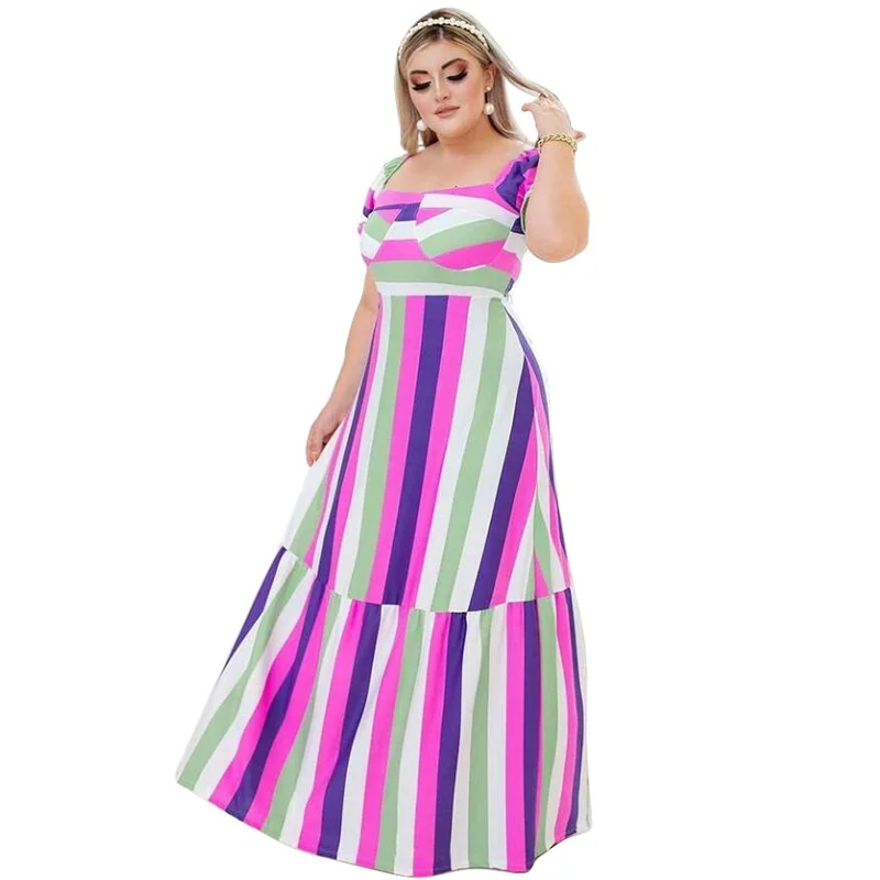 Plus Size New Fashion Spring/summer Large Women's Colorful Stripe Print Loose Short Sleeve Large Swing 3xl 4xl 5xl 6xl