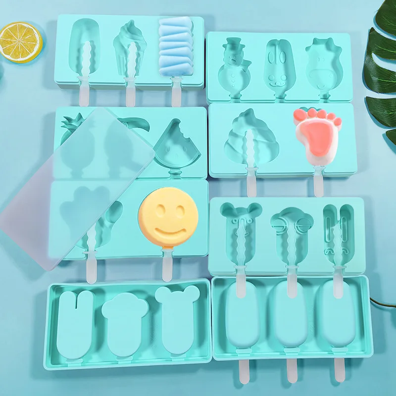 

Silicone Ice Cream Popsicle Siamese Moulds With Lid DIY Homemade Lolly Mold Cartoon Animal Shape Maker Trays Kitchen Accessories