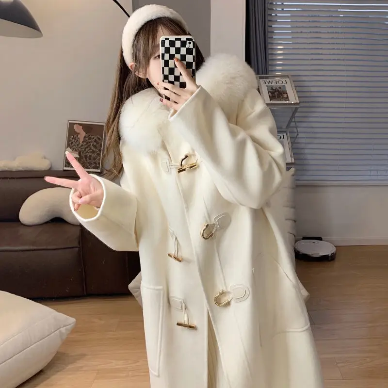 

Женское шерстяное пальто на пуговицах, зимнее пальто с капюшоном из лисьего меха, яркое свободное однотонное пальто для женщин, универсальная шерстяная верхняя одежда