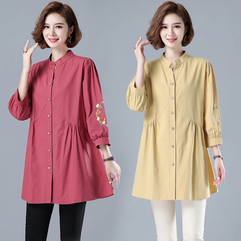 

Cotton Shirt Women's New Autumn 2022 Women's Wear Loose And Thin Embroidered Top Seven Sleeve Shirt