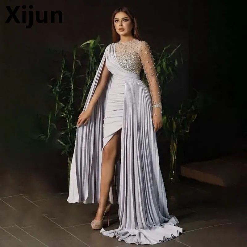 

Xijun 2023 Gray Mermaid Pearls Evening Dresses Sexy Slit Arabic Party Gowns Beads O Neck Dubai Prom Gown robe de soiree