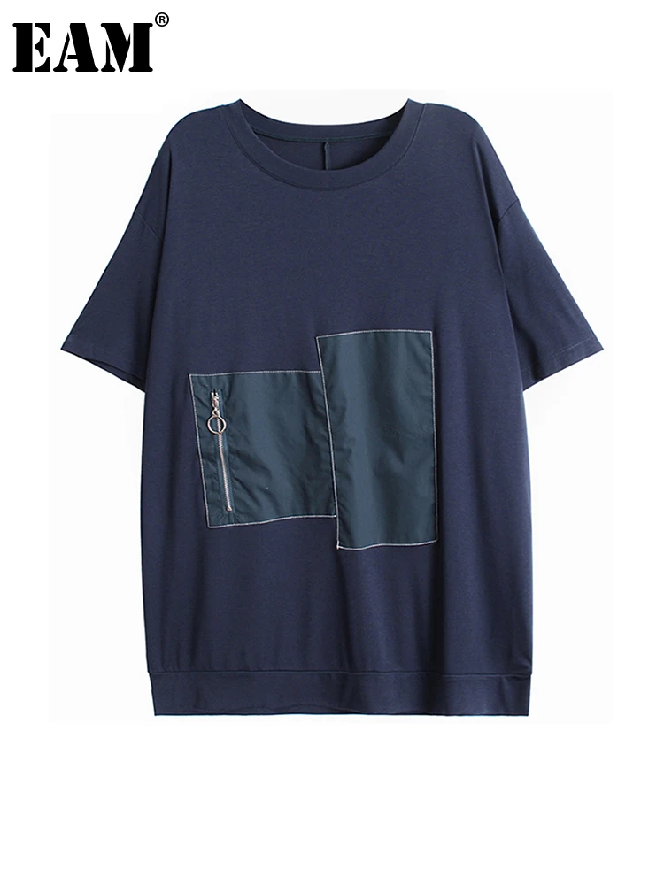 

[EAM] Women Black White Patch Spliced Big Size T-shirt New Round Neck Short Sleeve Fashion Tide Spring Summer 2022 1DD7949