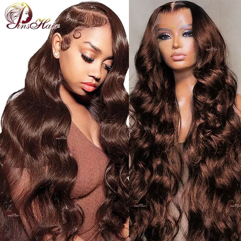 Chocolate Brown 13x4 Lace Frontal Human Hair Wigs For Women Dark Browm Body Wave Transparent Lace Front Human Hair Wigs 180%
