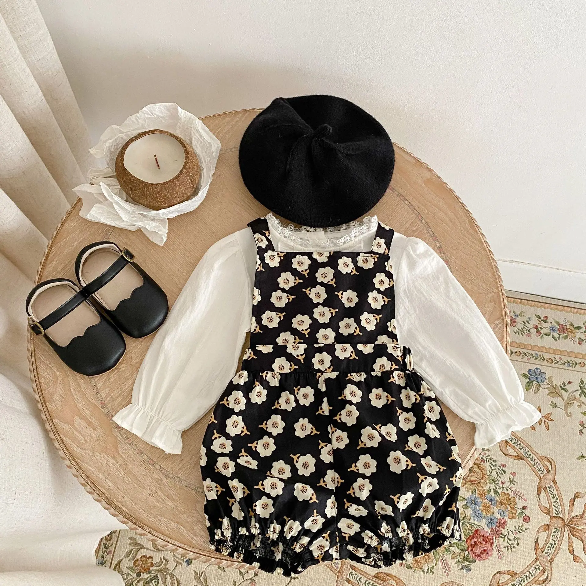 Ins 2023 Spring Dress Baby and Children Embroidered Lace Cardigan Baby Blouse+printed Suspenders 2 Sets