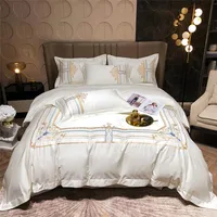 Luxury Egyptian Cotton Bedding set Queen King size Duvet Cover with Gold Blue Embroidered Flat/Fitted Bed sheet Pillowcases