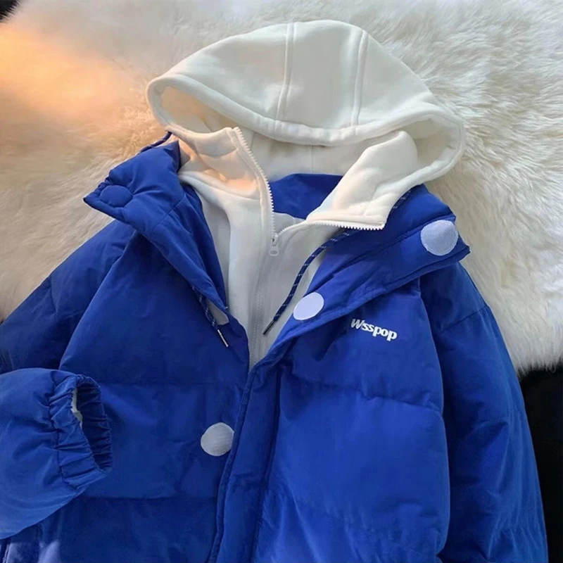 High street cute fake two piece hooded loose cotton coat women's 2023 Harajuku winter thickened warm cotton jacket