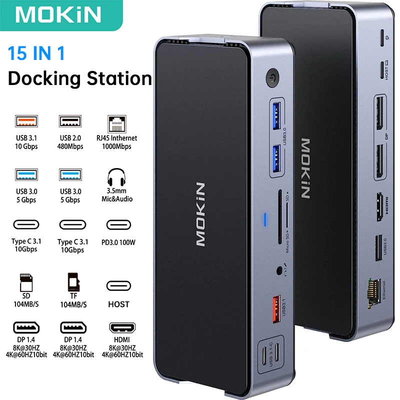 Док-станция MOKiN 15 в 1, 8 к, 30 Гц, USB 3,1, 100 Вт