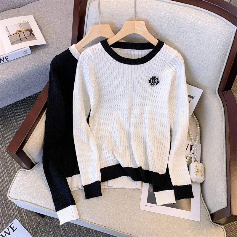 

2022 New Autumn Winter Basic Knitted Tops Temperament Long Sleeve Pullovers Elegant Rose Flower Thin Women Sweater Contrast I591